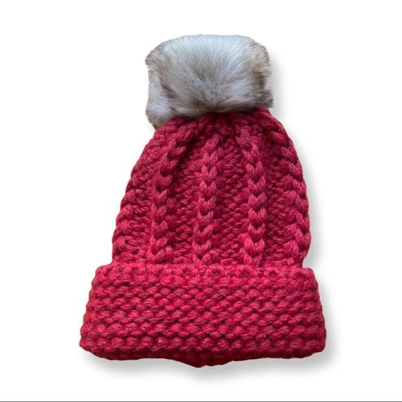 Aqua brand Red Knit Pom Pom Woman’s Hat - Picture 2 of 5
